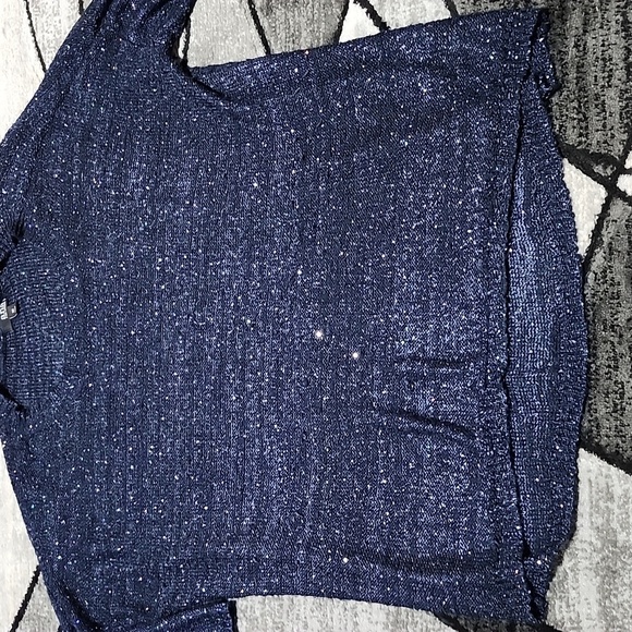 ANA NAVY BLUE IRIDESCENT SEQUINS SHORT SLEEVE SWEATER - Picture 2 of 13